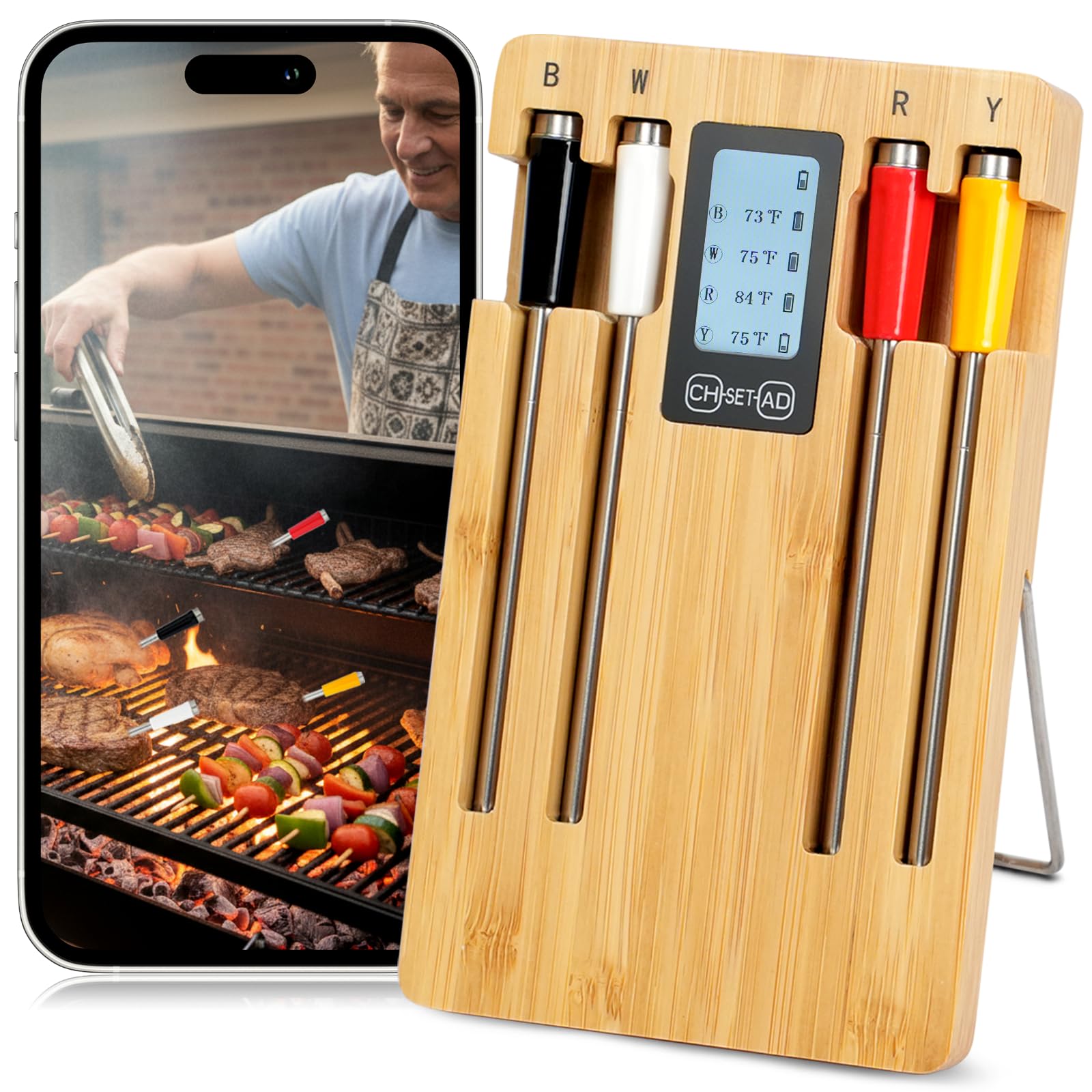 Wireless Smart Meat Thermometer with 4 Probes, Ultra-Long Range Bluetooth 5.4, App Control with iOS & Android, IP67 Waterproof, 10 Preset Menus &