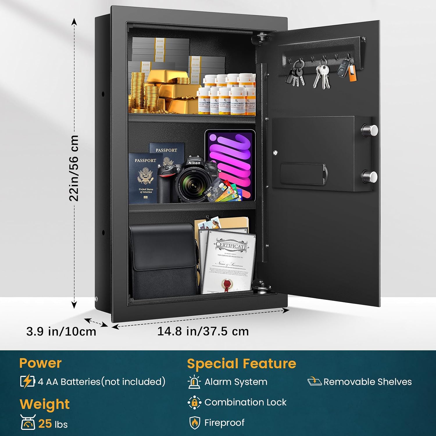 22'' In Wall Safe Between 16 Studs with Electronic Keypad & Hidden Storage | Fits 16 studs, this in wall safe features keypad lock, hidden compartment, removable shelves, and external USB power port