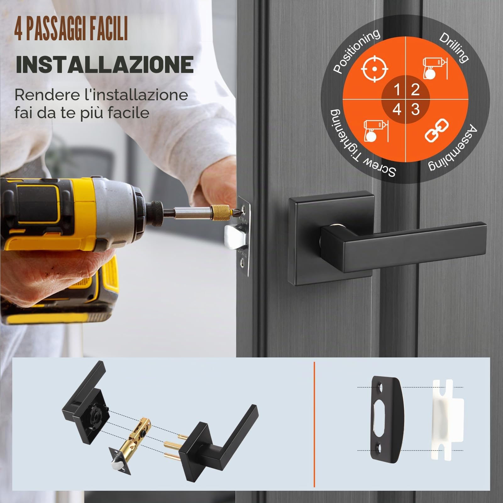 VEVOR Maniglia per Porta di Passaggio da 6 Pezzi, Leva per Porta Nera Opaca Reversibile Destra Sinistra con Serratura Senza Chiave, Rotazione di 45 Gradi per l'Apertura, Interno Quadrato Universale
