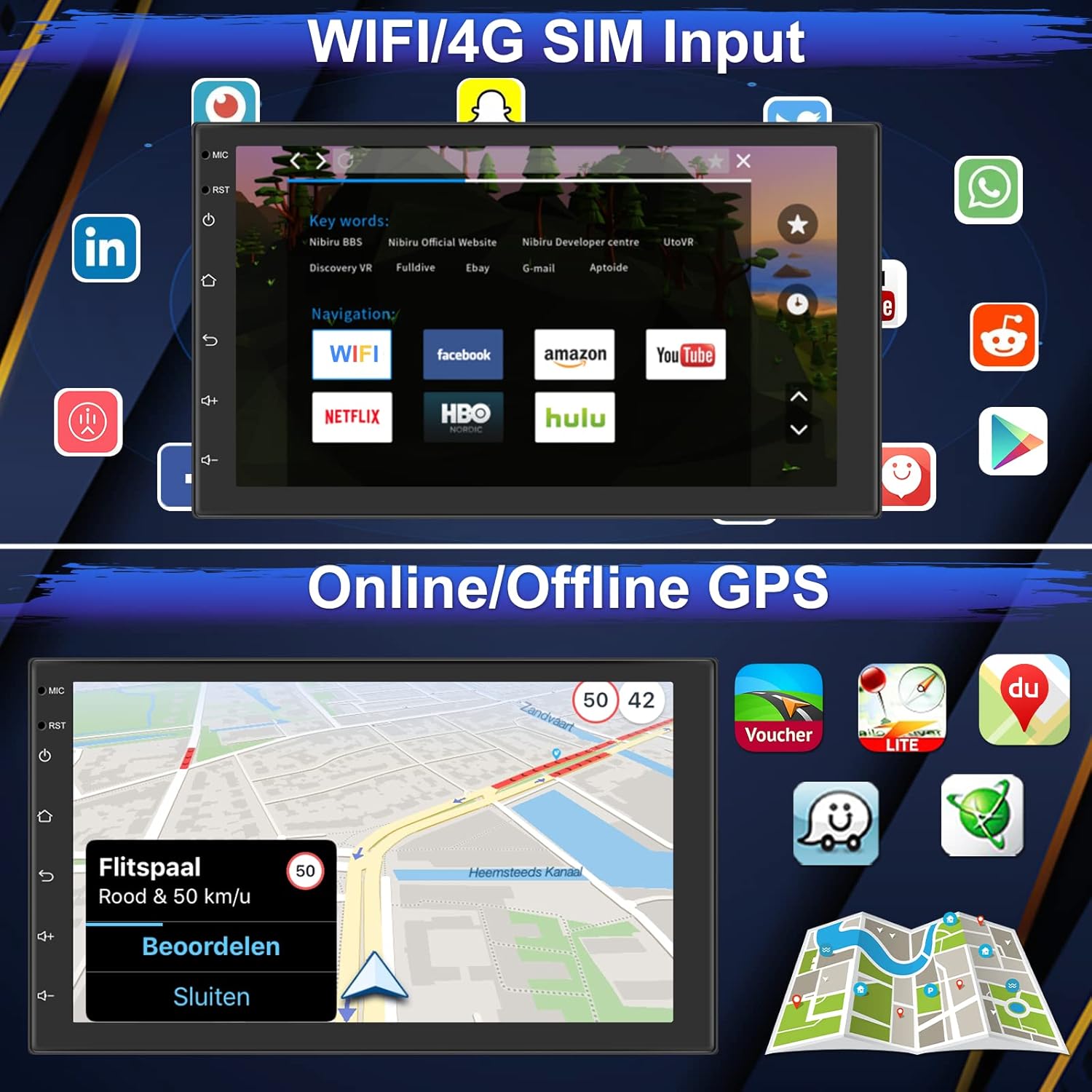 Screenshots showing the car stereo's interface for WIFI/4G SIM input with various app icons, and a separate view of the online/offline GPS navigation map.
