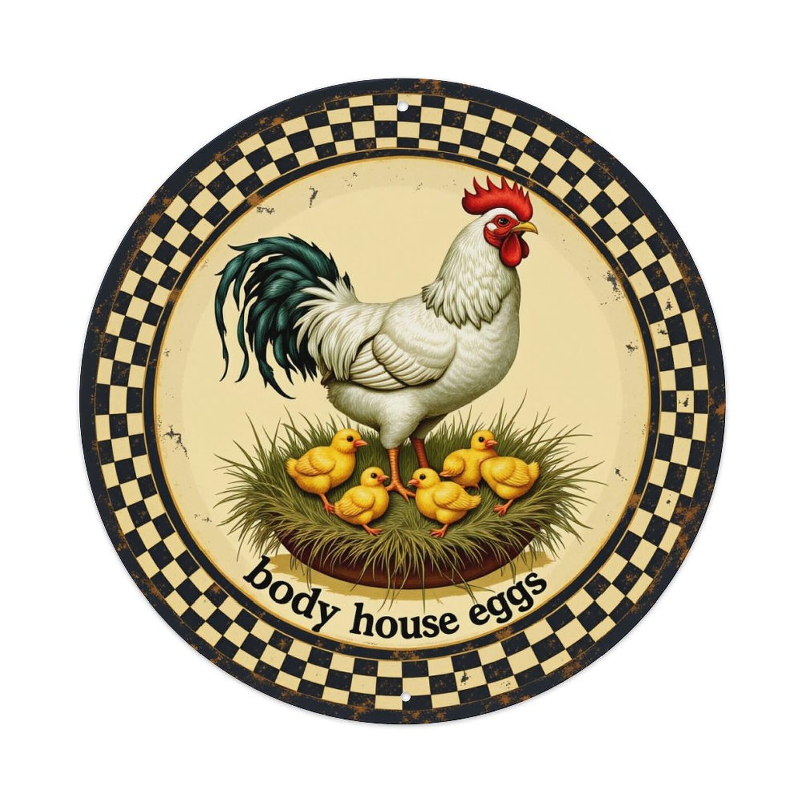 Rooster And Chicks On Nest Round Tin Sign Retro Metal Sign for Cafe Bar Pub Home Game Room Gym Club Wall Decoration Vintage Metal Poster 8x8 Inch