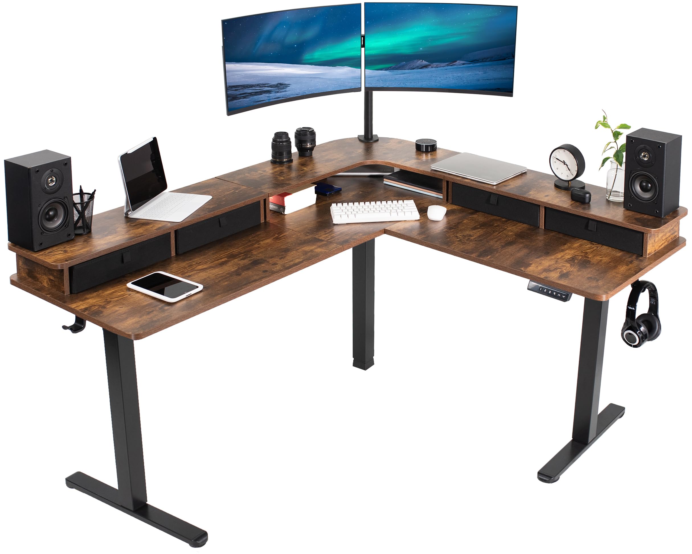 VIVO Electric 63 x 55 in Rustic Corner Standing Desk with Memory Presets