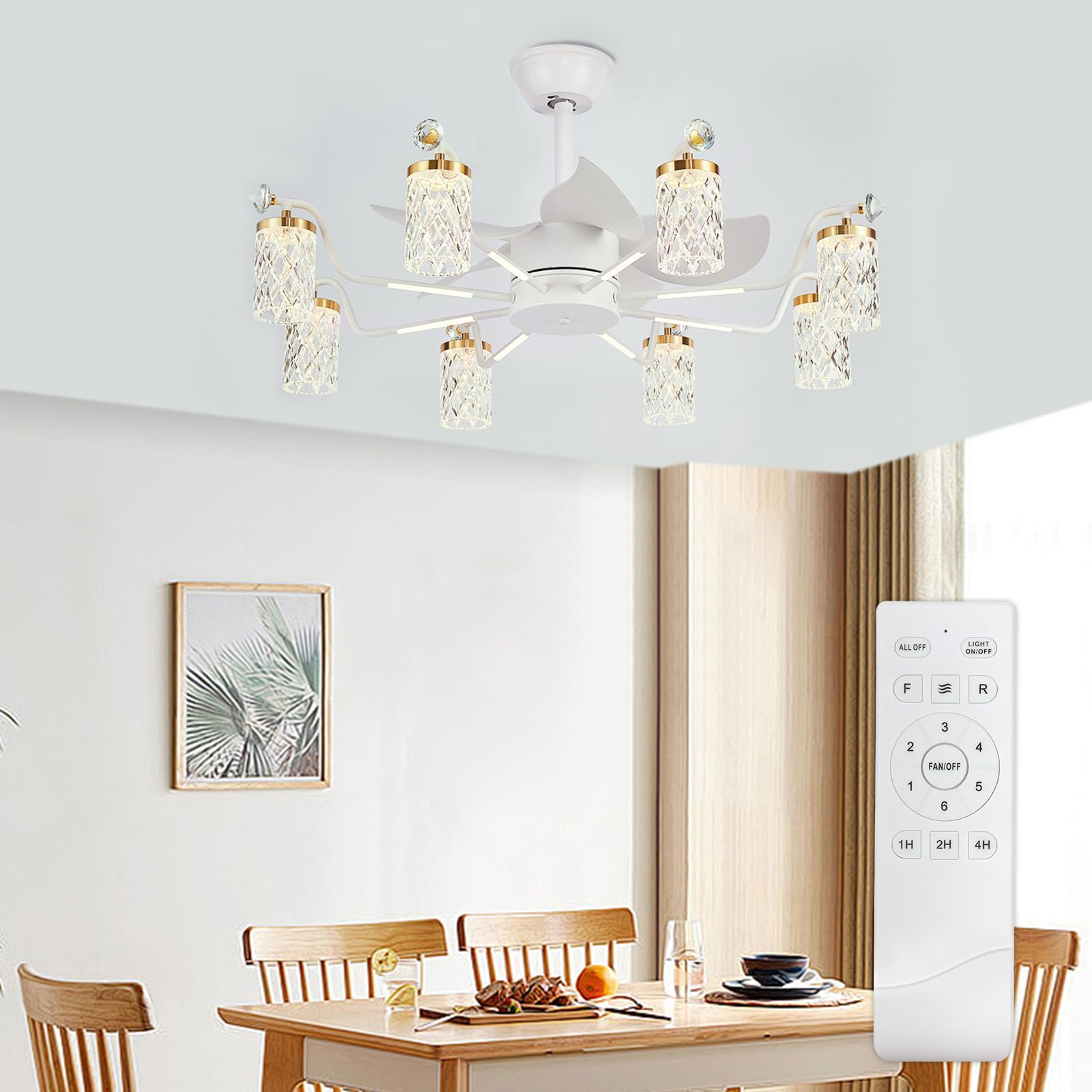 Depuley Chandelier Ceiling Fan with Light: 35" Fandelier Ceiling Fans with Chandeliers 8 Lights and Remote - White Chandelier Fan Ceiling for Living Room Bedroom - 3 Colors Light 6 Speeds Timing