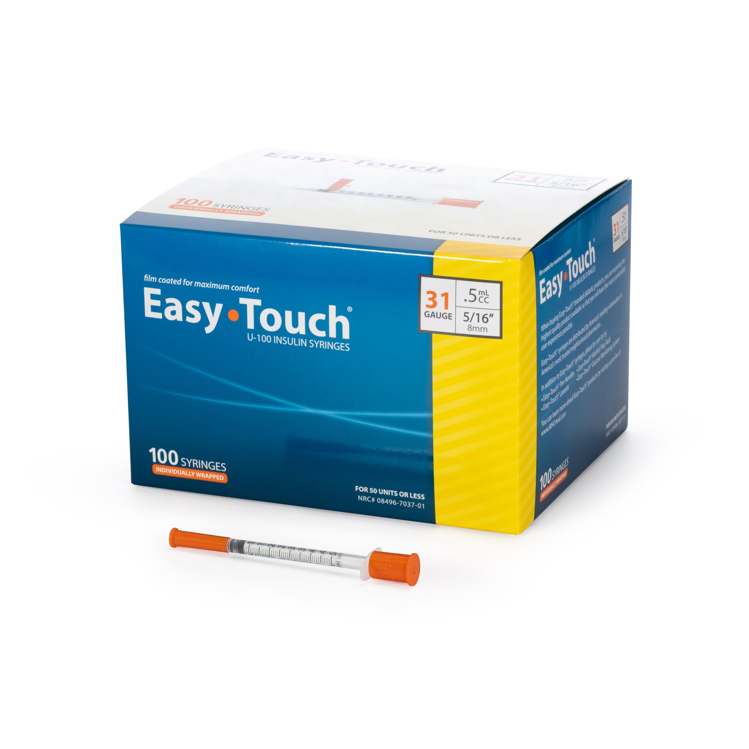 EasyTouch IW U-100 Insulin Syringes (31G 0.5cc 5/16") - 100 ct.
