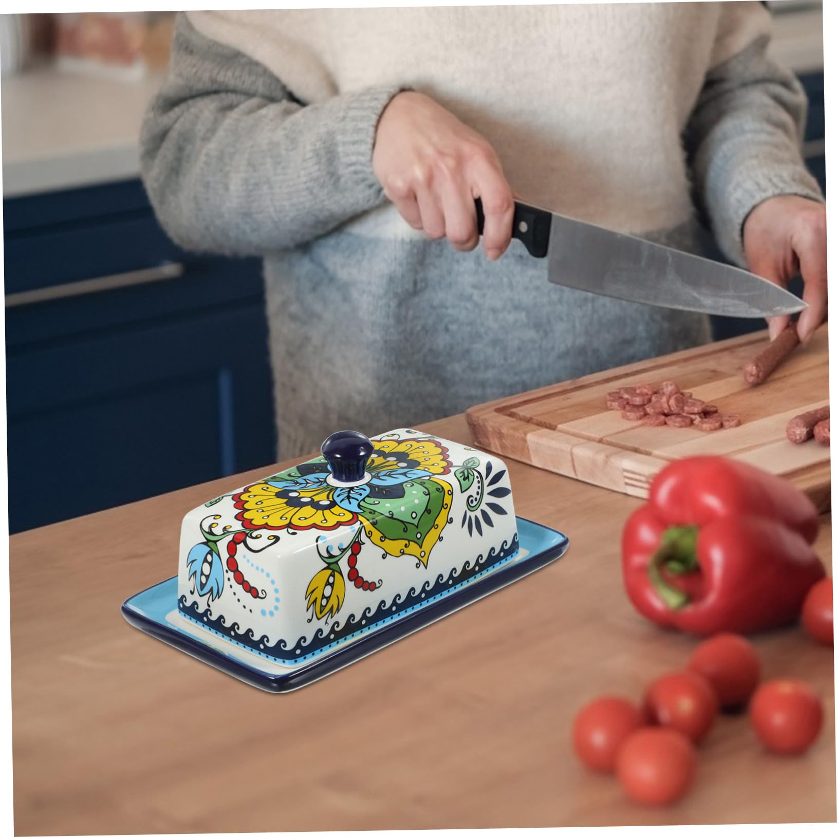 Beurrier en Céramique avec Couvercle Bleu, Style Européen Élégant, Solide Présentation à Table Présent Raffiné