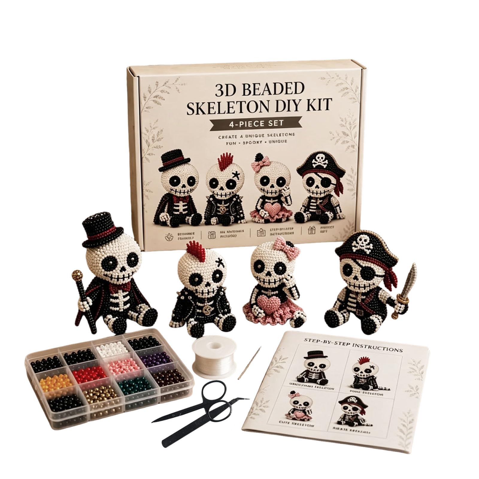 3D Beaded Skeleton DIY Kit, Petite 3D Beaded Skull Skeleton Craft Kit and Instructions, Beginners Friendly Tiny Beading Kit 3D DIY Collection, Cute 4-Pack DIY Skeletons Beading Set