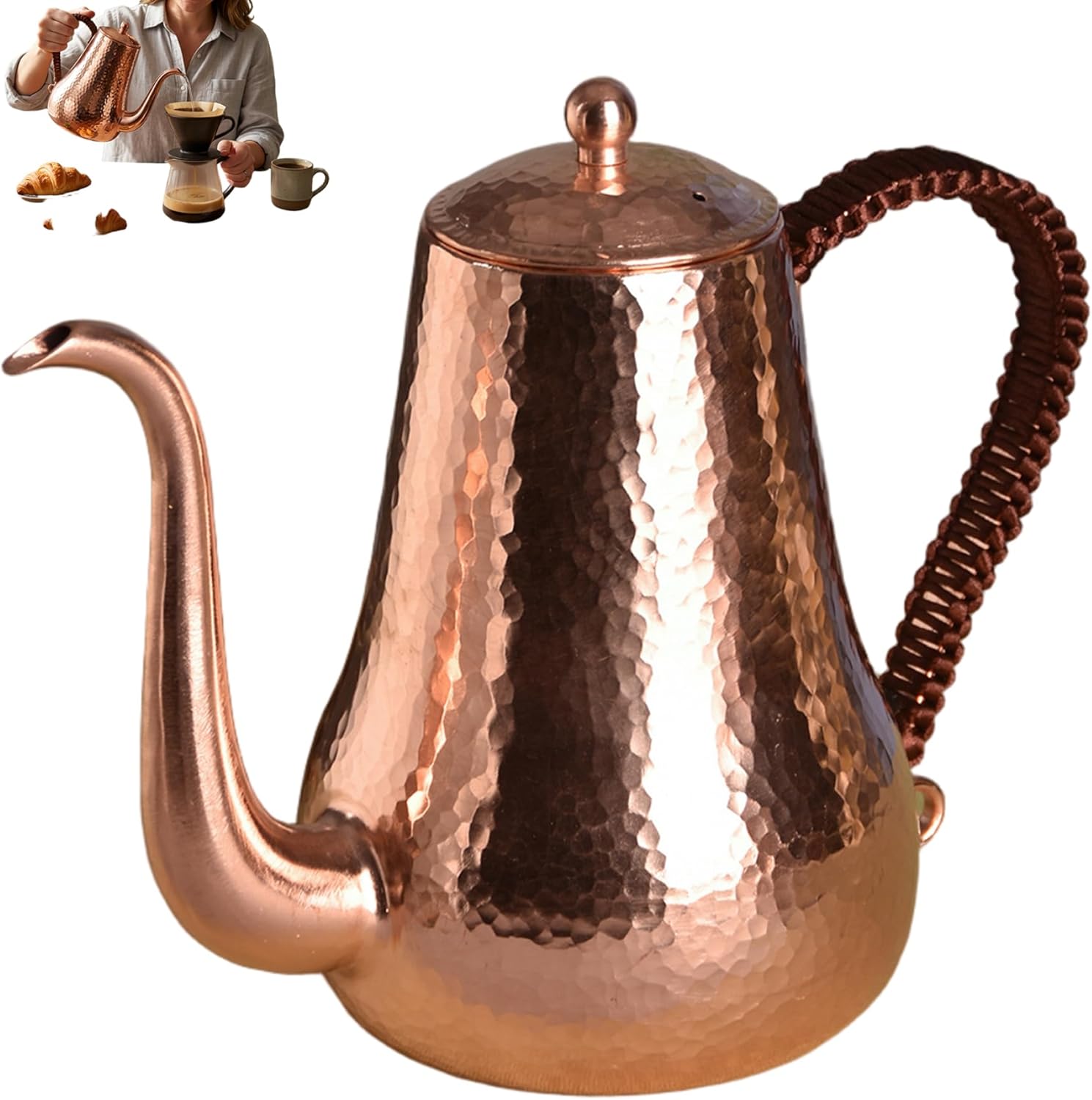 Copper Tea Kettle for Pour Over Coffee and Tea 1L Stovetop Kettle with Safe Coating-Free Interior Classic Brown Copper Pot, Smooth