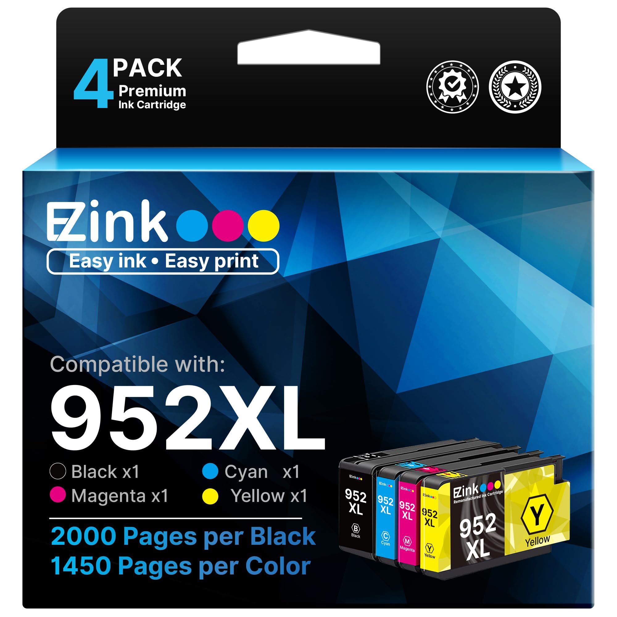 E-Z Ink 952XL Ink Cartridges Combo Pack Latest Upgrade Replacement for HP 952 XL Ink Cartridges to Use with HP Officejet Pro 8710 7740 8720 8210 8715 8740 8725 (4 Pack, Black Cyan Magenta Yellow)
