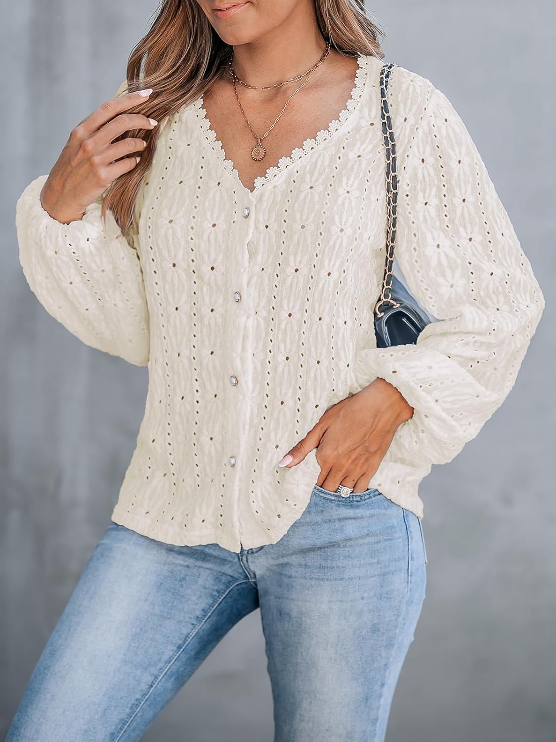 CUPSHE Women's Blouses Eyelet Tops Long Sleeve V Neck Puff Sleeve Shirts Dressy Casual - Image 3