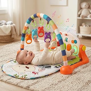 StarAndDaisy Baby Play Gym mat, Kick & Play Gym mat with Adjustable Piano for Baby, Infants & Toddler Gym/Play mat with Hanging rattles Toys Music & Light - Orange