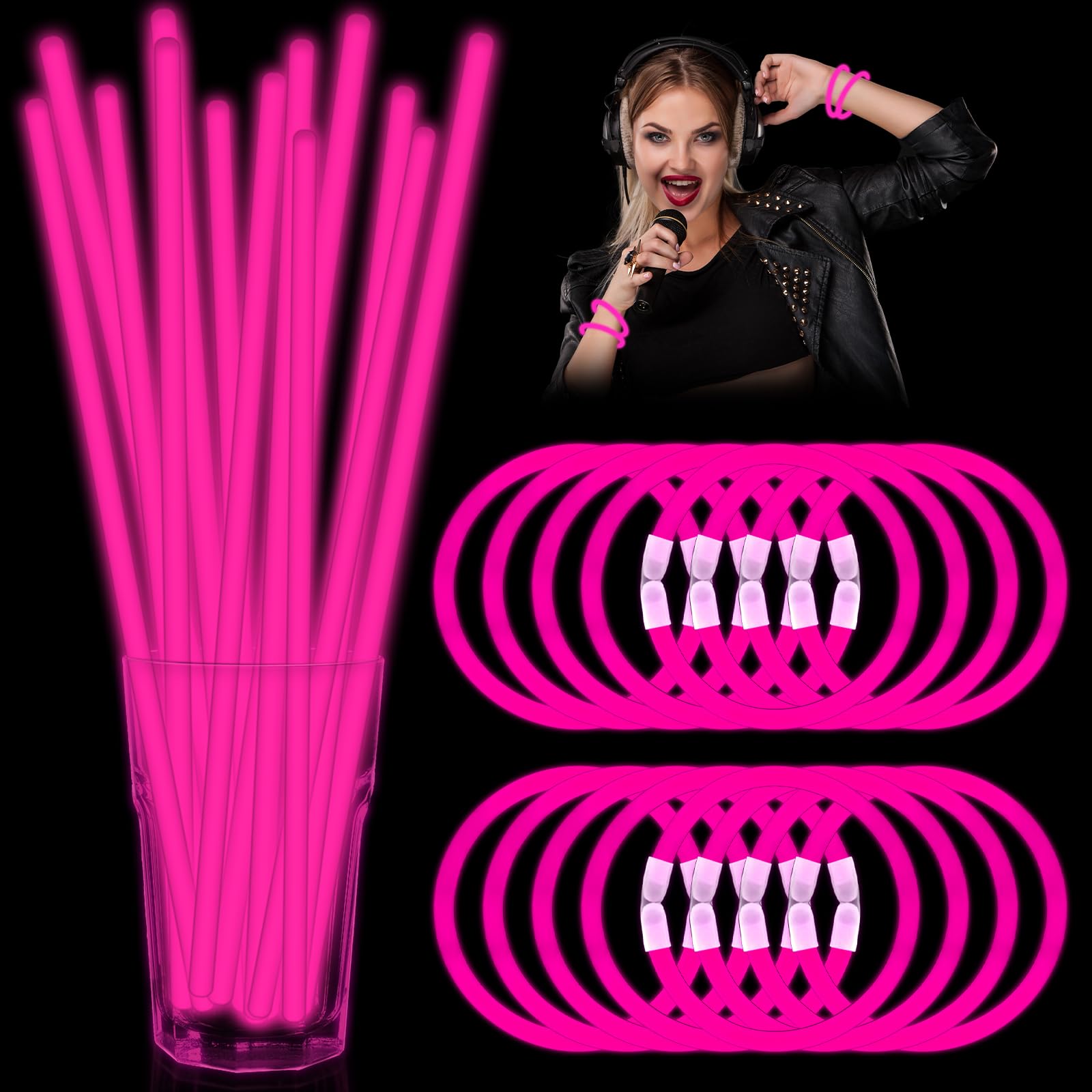 60 Pack 8” Pink Glow Sticks Bulk with 60 Connectors Neon Glow In The Dark Party favors Supplies for Holiday Birthday Party Decoration (Pink)