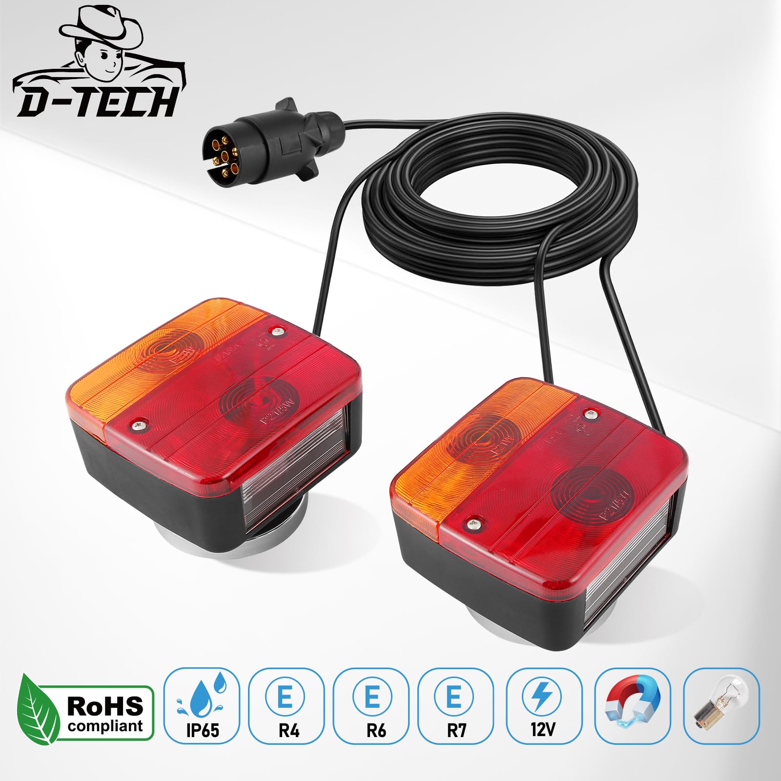 D-TECH Pilotos Traseros Remolque Con Iman, Juego de Luces Traseras Remolque Magneticas Homologados, 12V Kit Pilotos Remolque, Luces Traseras Remolque Con Cable 2.5/7.5M, Homologación ECE