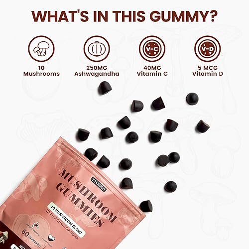 Miniatura 5 de Gomitas de hongos de melena de león para adultos, 4000 mg de extracto de hongo y 250 mg de Ashwagandha, apoyo cognitivo, estado de ánimo, salud y