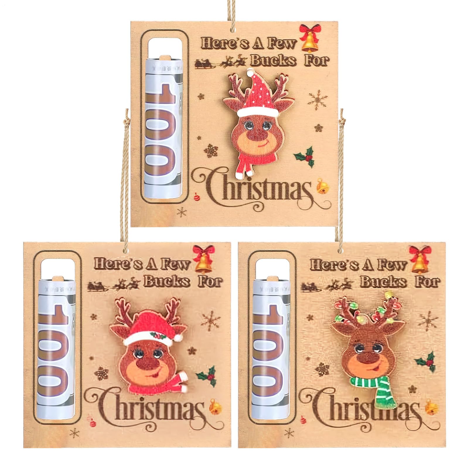Portasoldi Natalizi in Legno 3 Pezzi Ornamenti Decorativi a Clip per Denaro per Albero di Natale