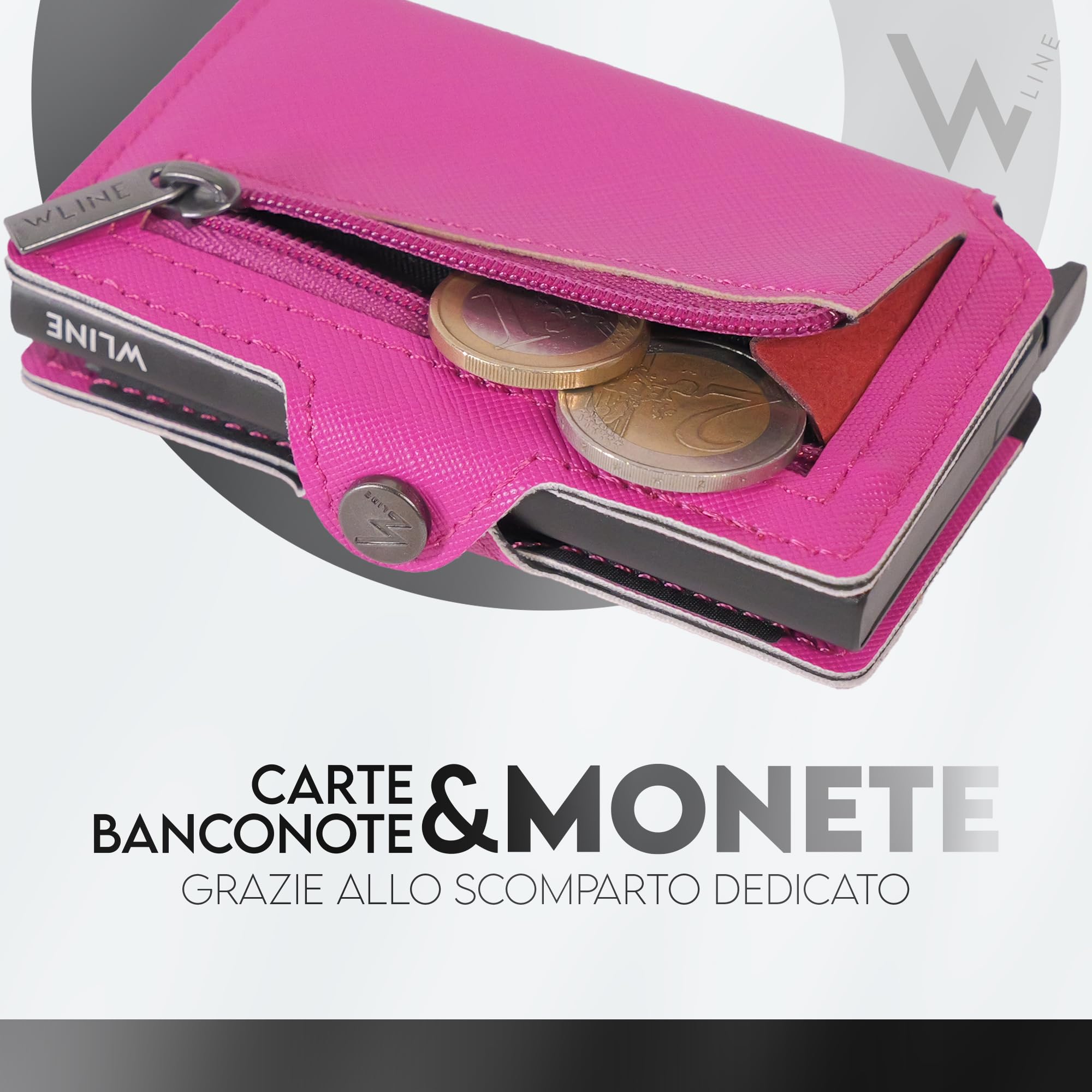 WLine Portafoglio Donna Piccolo con Portamonete Rfid Compatto ed Elegante - Porta Carte di Credito Donna e Uomo Schermato in Pelle PU - Portatessere Tascabile (Fucsia e Nero Saffiano, Con Zip)