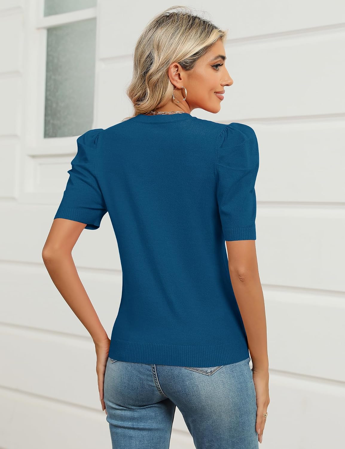 AKEWEI Puff Short Sleeve Sweater for Women Tops Trendy Spring Summer 2025 Business Casual Outfits Knit Crewneck Shirt Blouses