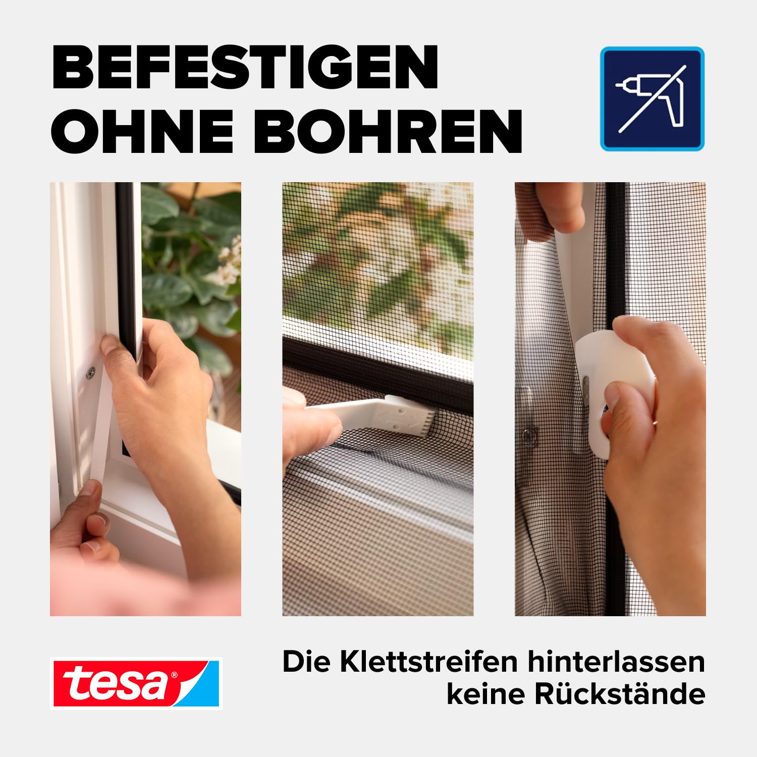 tesa Insect Stop Klett Fliegengitter Premium für Fenster, Insektenschutz mit starkem Klettband, rückstandsfrei entfernbar, zuschneidbar, ohne Bohren - 3X 125 cm x 245 cm - Anthrazit (Durchsichtig)