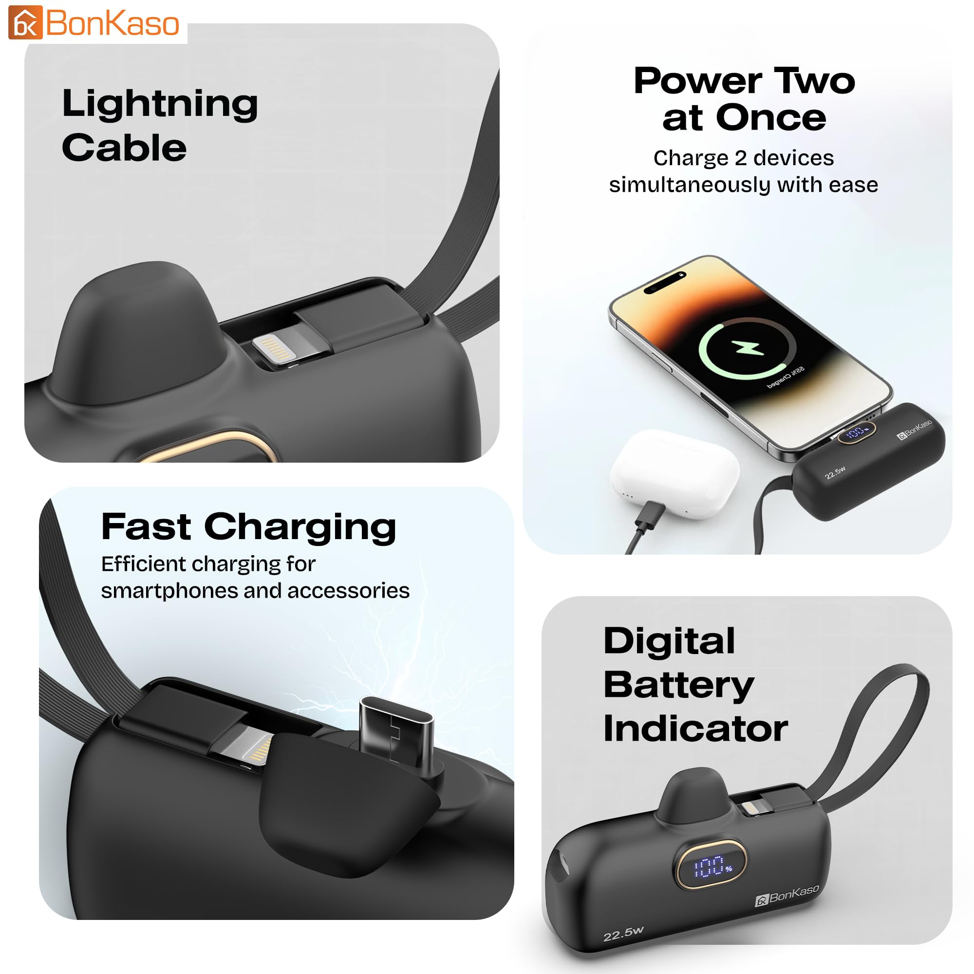 BonKaso 5000mAh Mini Power Bank 22.5W PD Fast Charging, USB-C Type-C Input/Output, Built-in i5 Cable, Digital LED Display, Compact Pocket Portable Charger for iPhone & Android – Black — Amazon image 3