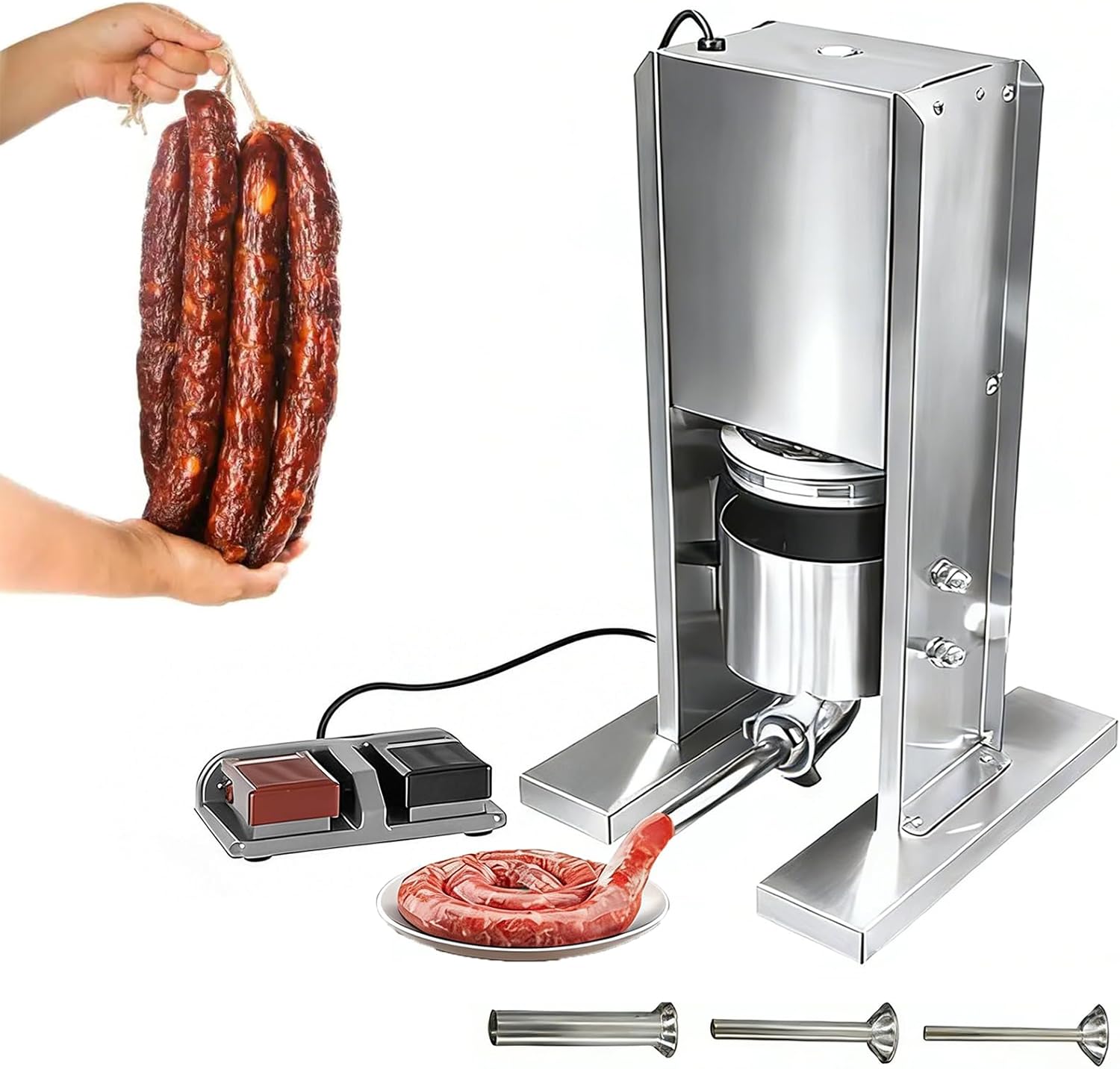 Electric Sausage Stuffer, 4.7 LB/2L Capacity, 304 Stainless Steel Sausage Maker, Automatic Filling Machine with 3 Tubes for Home & Commercial Meat Processing