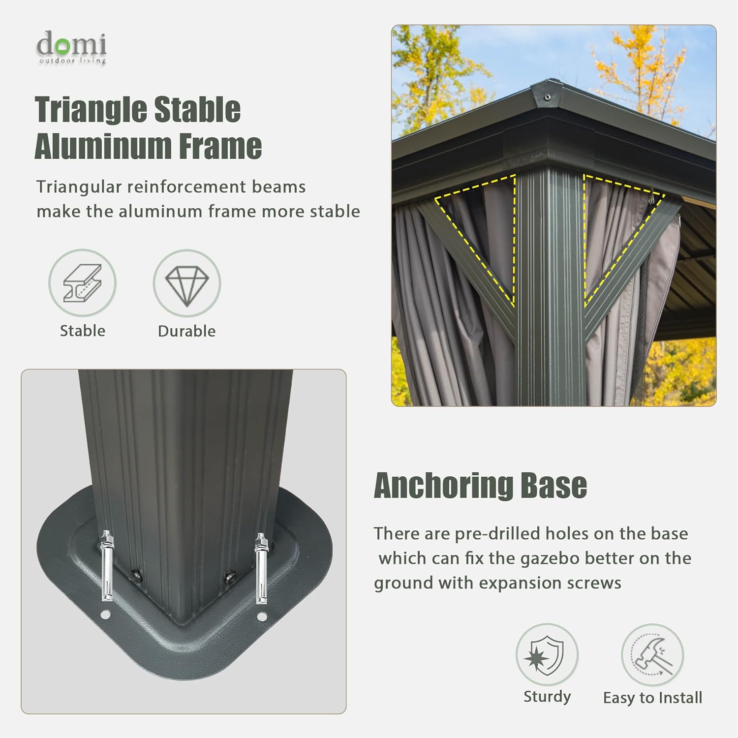 Close-up image showing the triangular stable aluminum frame and anchoring base of the Domi gazebo. The base has pre-drilled holes for expansion screws.