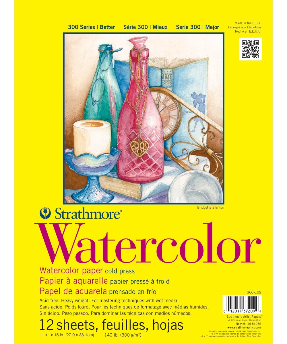 Strathmore 300 Series Tape Bound Watercolor Pad, 140 lb. Cold Press, 11 X 15 inches, White, 12 Sheets (360-111)