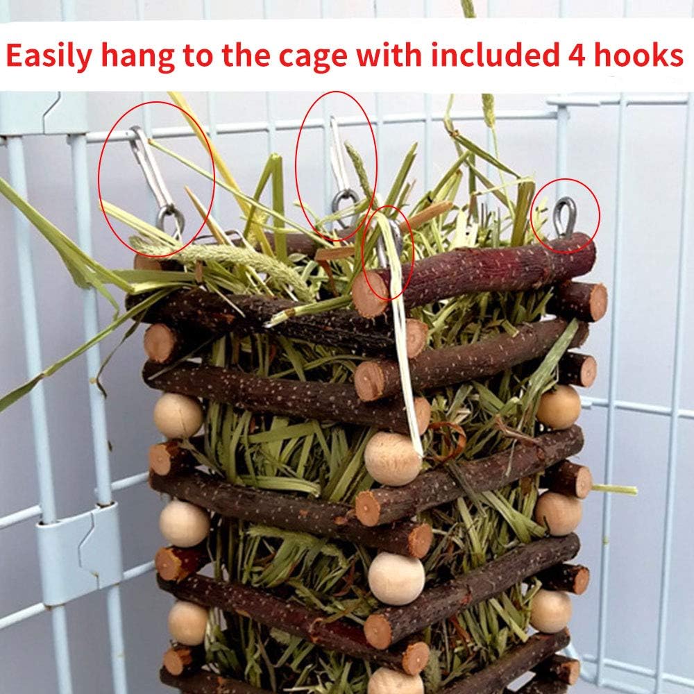 Chewable Apple Tree Rabbit Hay Feeder, Stand Bunny Hay Rack, Hanging Guinea Pig Hay Holder Wooden Food Feeding Rack