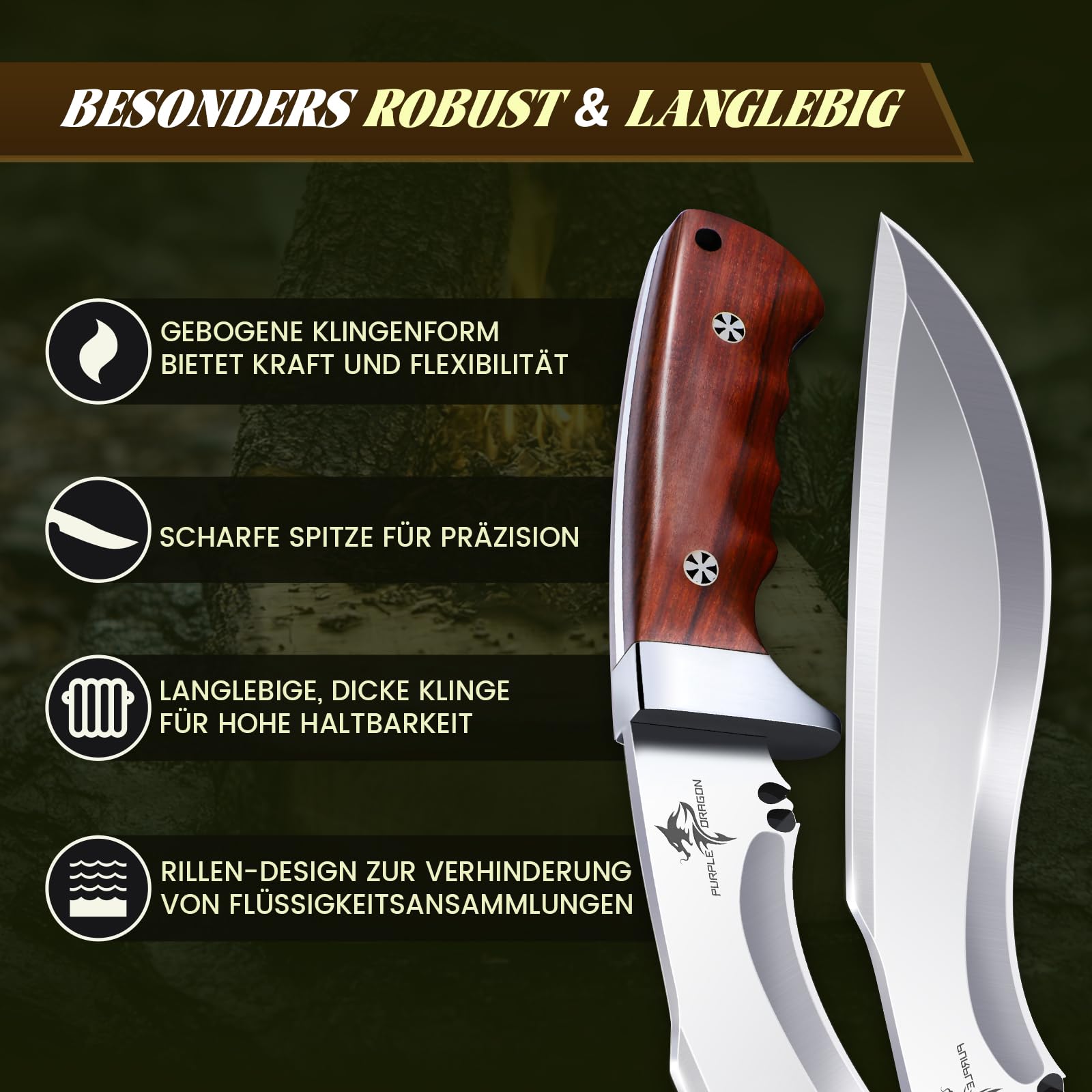 Purple Dragon Coltello Grande con Fodero - Lama Fissa - Affilata Lama da Campeggio con Impugnatura in Legno Tang Pieno per Uomini