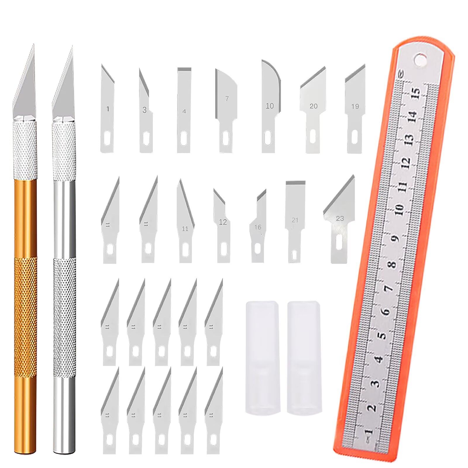 Bisturí cuchillo de tallado con tapa protectora, 2 piezas de bisturí con 23 cuchillas de repuesto, cuchillo para manualidades cúter cuchillo para hobby, juego de cuchillos cortadores de tallado para