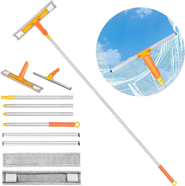 Myiosus Window Cleaning Equipment, 2 in 1 Window Cleaner Squeegee with Microfiber Scrubber, 152cm Telescopic Window Cleaning Kit with Extension Pole for High Glass
