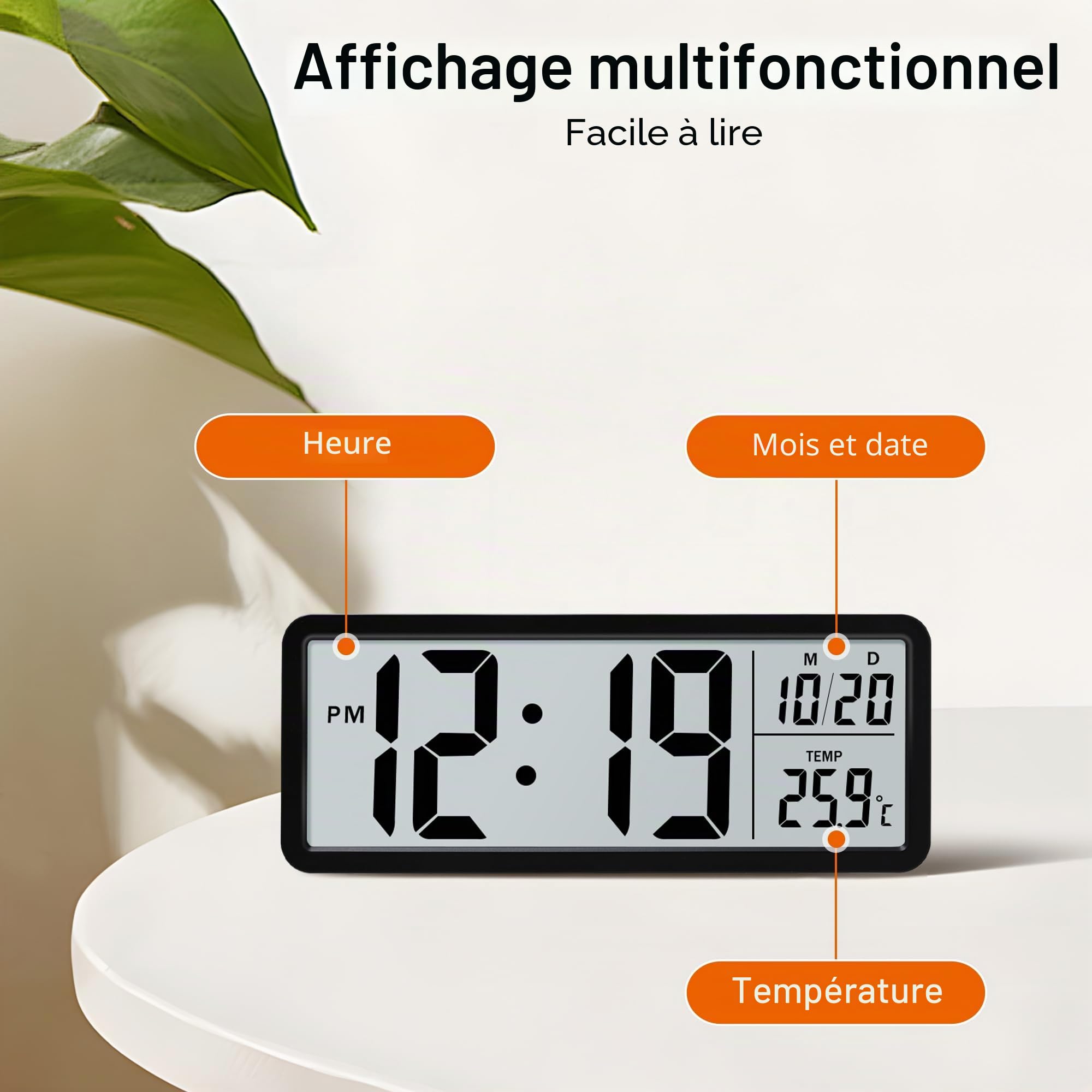 Lafocuse Horloge Murale Numérique 8.5" LCD Grande Chiffre avec Température Date 12/24H Noir
