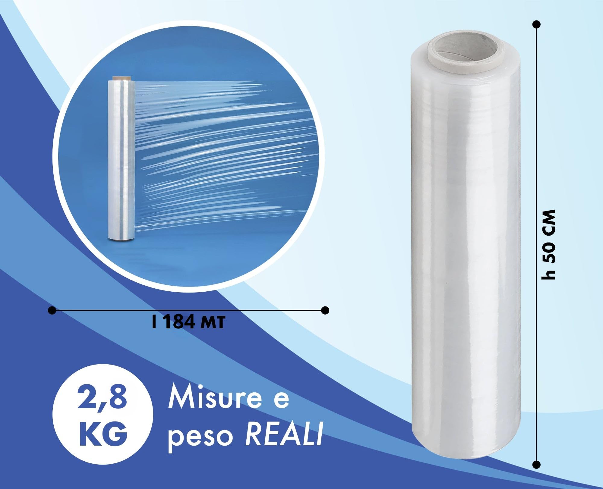 Film Estensibile Trasparente 2,8kg per Imballaggio 184mt x 50cm Pellicola Extra Resistente per Spedizioni e Trasloco (6 pezzi)