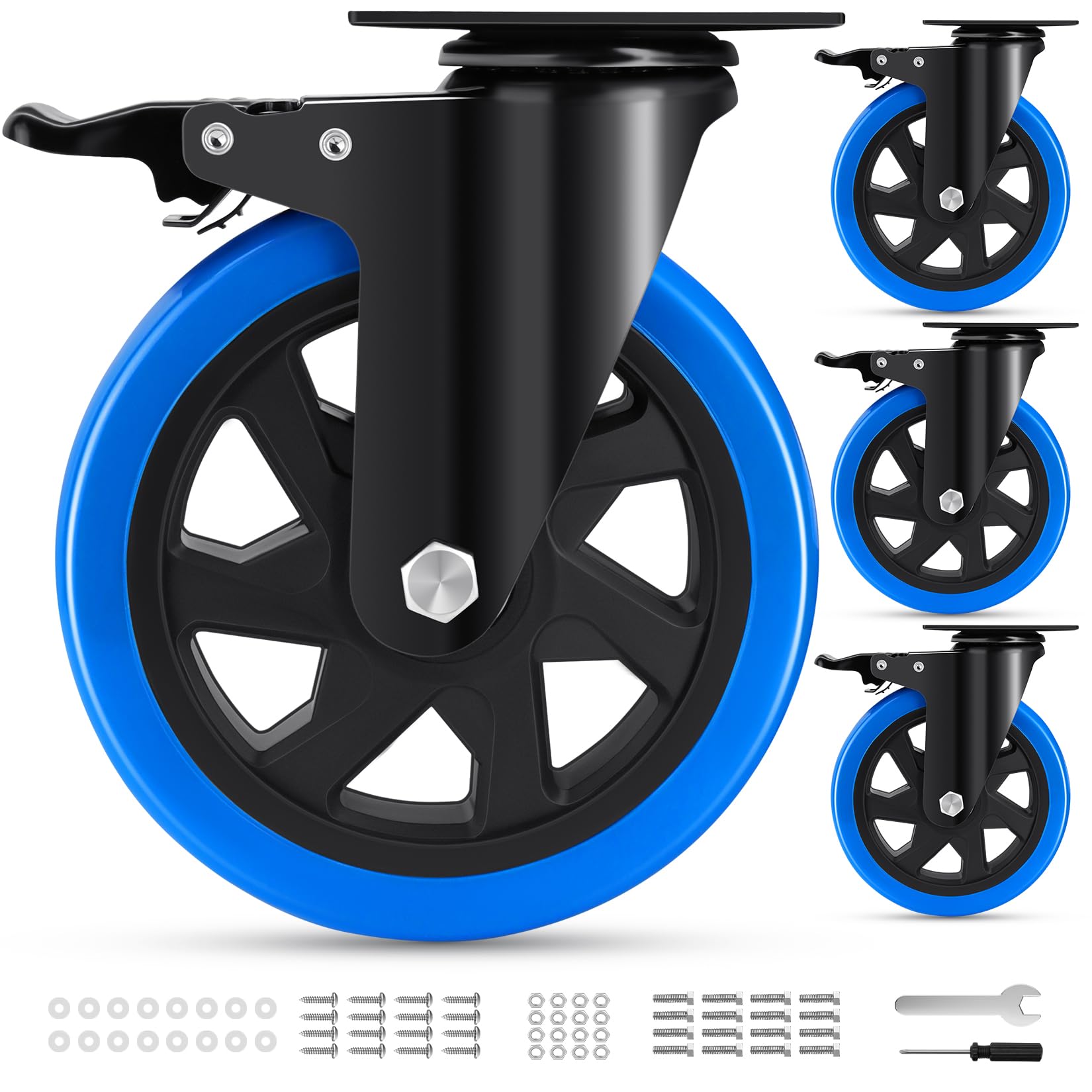 Humagineer Heavy Duty 6" Castor Wheels with Dual Brakes - Premium PU Non-Marking Castors for Furniture, Set of 4 - Supports 2650lb, Easy Roll Swivel for Smooth Mobility, 4 Brakes for Safety