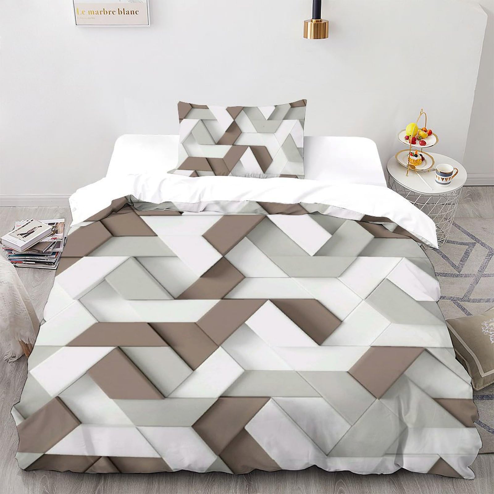 Housse de couette douceur effet trois dimensions géométrique brun gris 135x200