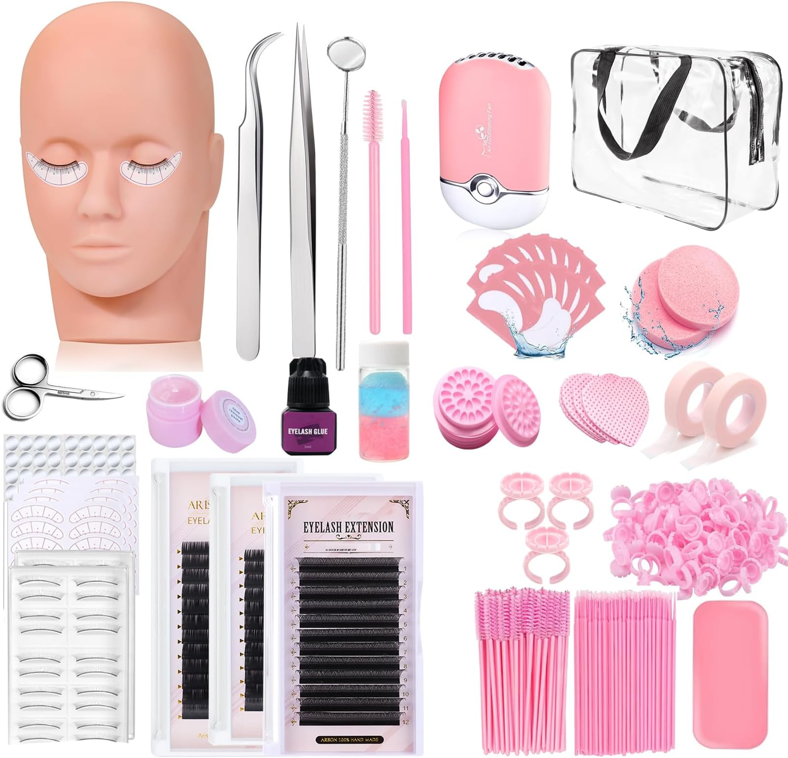 Eyelash Extension Practice Kit with Mannequin Head, Lashes, Glue, Remover, Tweezers and Brush for Beginners