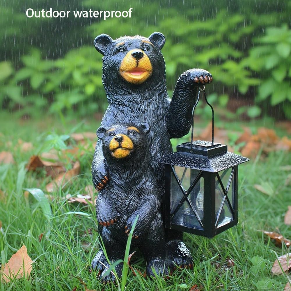Black Bear Garden Statue with Solar Lantern, Bear Figurine Lights for Outside, Yard Garden Decor Unique Birthday Housewarming Gifts for Women, Mom