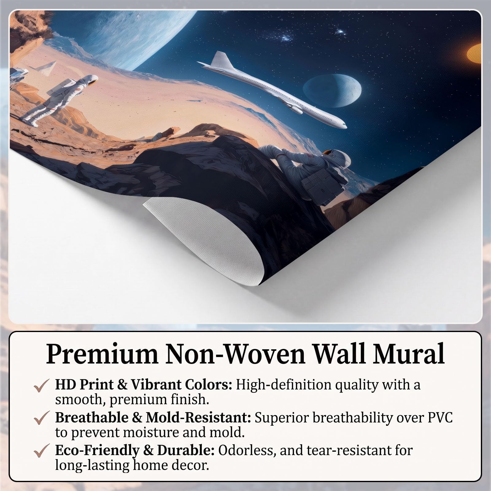 Eksploracja kosmosu fototapeta 350 szer. x 256 cm wysokości, nowoczesna sci-fi skała astronauta samolot wodoodporna tapeta mural - brązowa sztuka ścienna do sypialni przedszkola kominka salonu