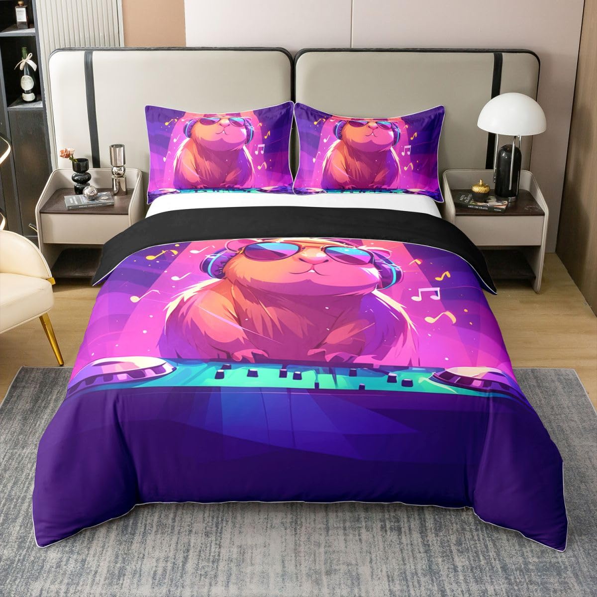 Manfei Set di biancheria da letto con simpatico porcellino d'India, per ragazzi e ragazze, divertente, motivo criceto, animale, musica hip hop, viola, decorazione per camera da letto, 2 pezzi, per