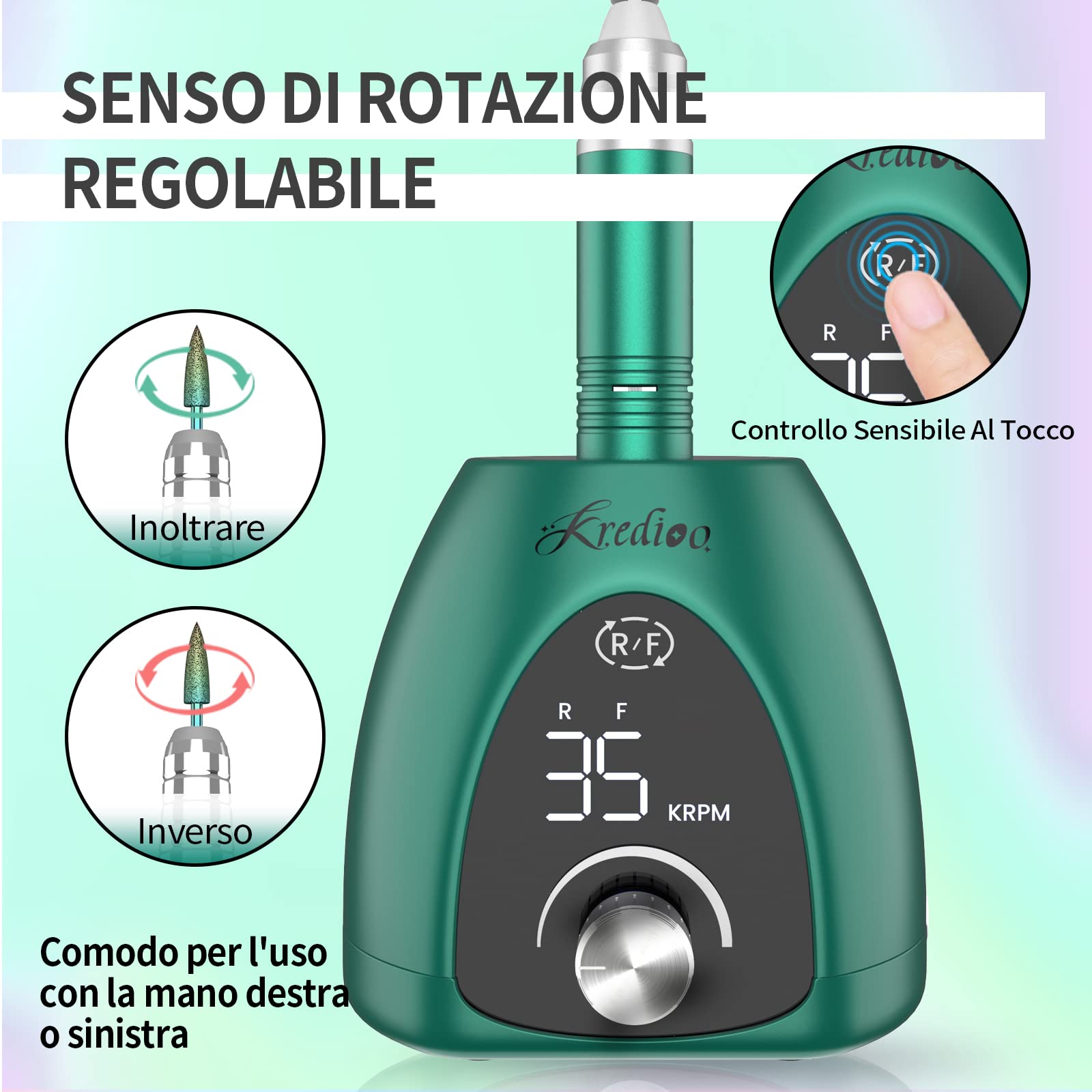 Kredioo Fresa per Unghie Professionale 35000RPM, Lima Elettrica per Manicure e Pedicure, Rimozione Gel/Smalto, Trapano Elettrico, Kit 6 Punte Fresa Unghie, LED, Pulsante Pausa, Verde