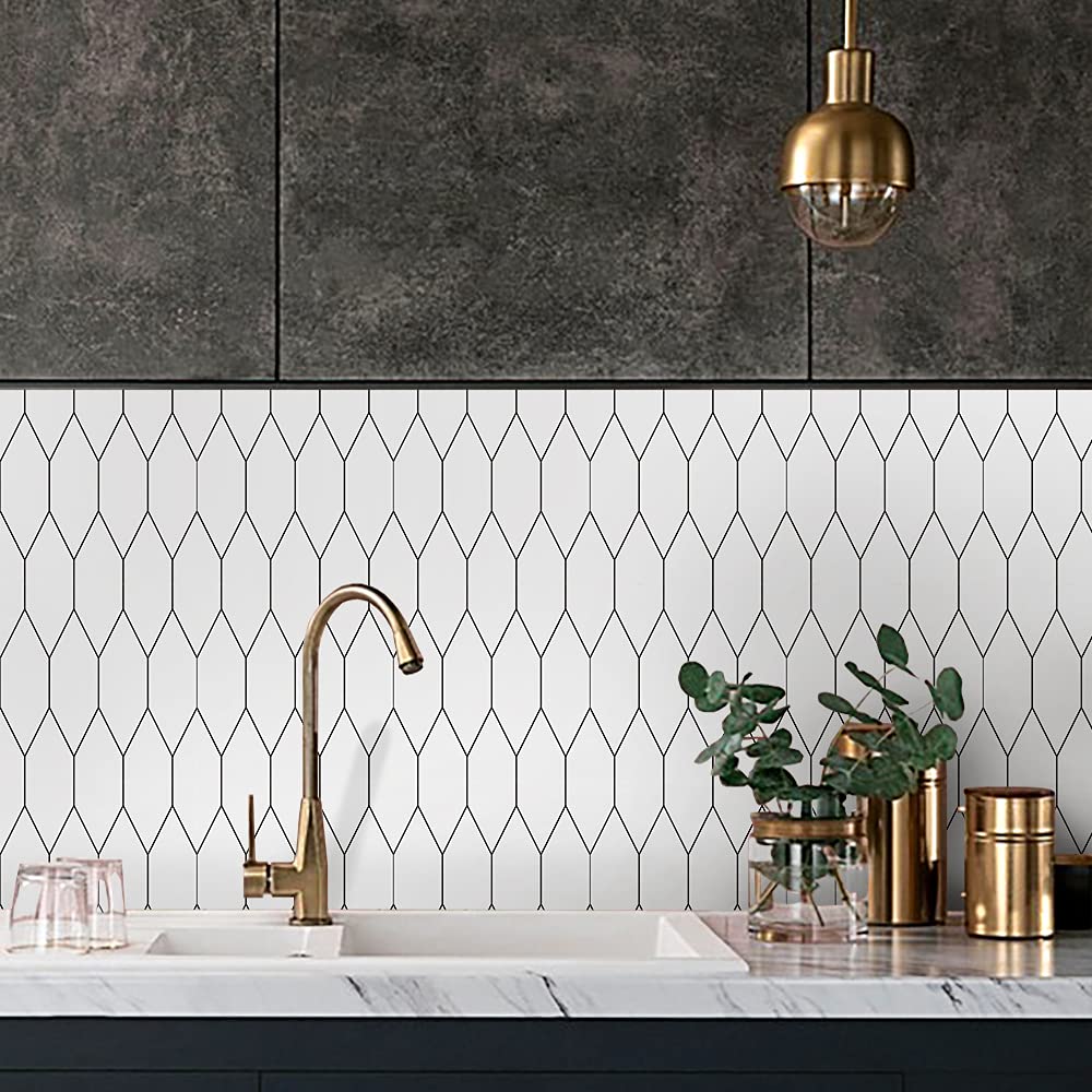 Floor Wall Tile Transfers Sticker for Home Decor, Peel & Stick self-Adhesive splashback, Tile Decals for Living Room Kitchen Bathroom Decor, 15X15cmX 20 Pcs, White and Black Line Tile Sticker โ image 1