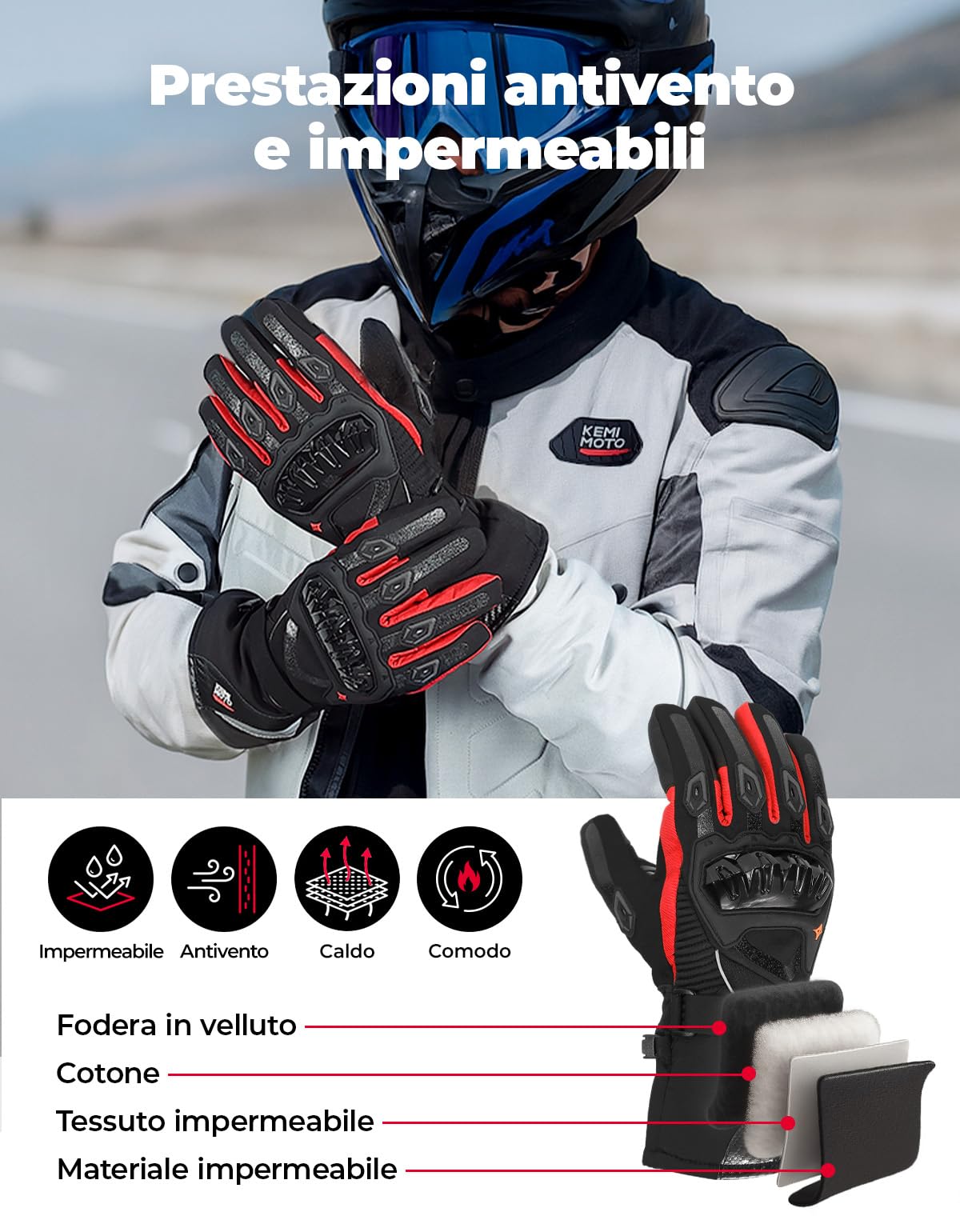 KEMIMOTO Guanti Moto Invernali, Guanti da Moto Termici Uomo Donna con Touch Screen e Impermeabile Protezione, Adatti da 0°C a 5°C, Ideali per Motociclismo a Ciclismo