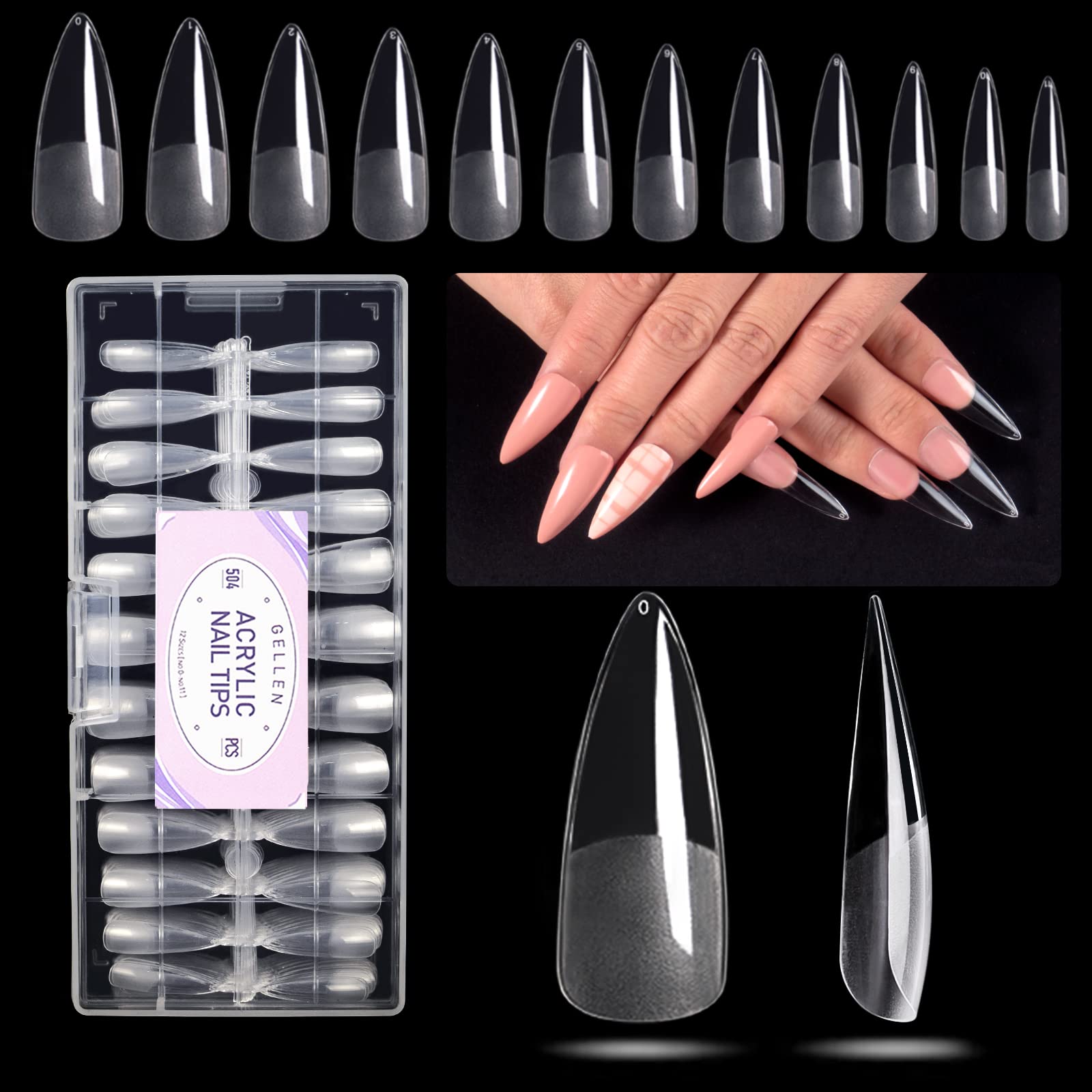 GellenStiletto Fake Nails 504Pcs Nail Tips, Acrylic Nail Kit Stiletto Pre-Shaped Press On Nails, Clear False Nail Extension Kit, Full Cover Soft Gel Nail Tips, Salon Nail Art Manicure Set, 12 Sizes