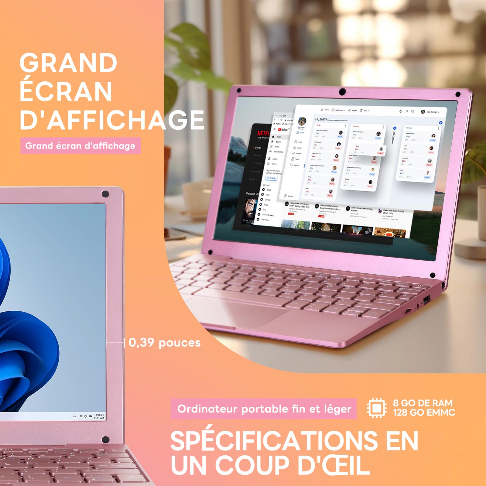 G-Anica Ordinateur portable win 11, 8 Go de RAM et 128 Go de ROM, Processeur Celeron Dual-Core, Netbook 10 pouces avec WiFi, Mini-ordinateur livré avec sacoche, souris, casques audio et tapis de souri