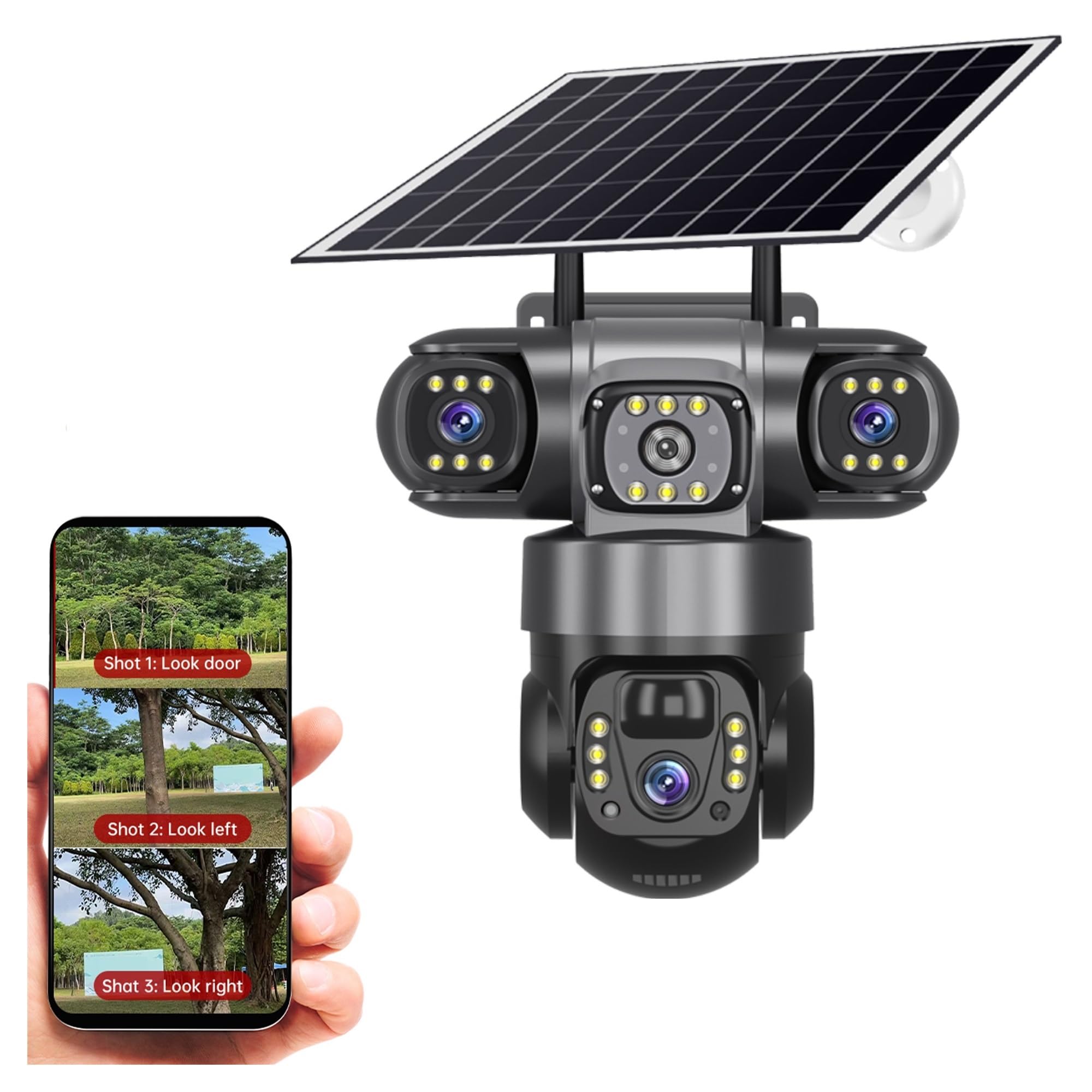 JVDDI Solar Camera 4G SIM Outdoor 3 Lens Three Screens Webcam PIR Human Detect CCTV Security Video Battery PTZ IP Camara(6MP 5X Cam 128G)