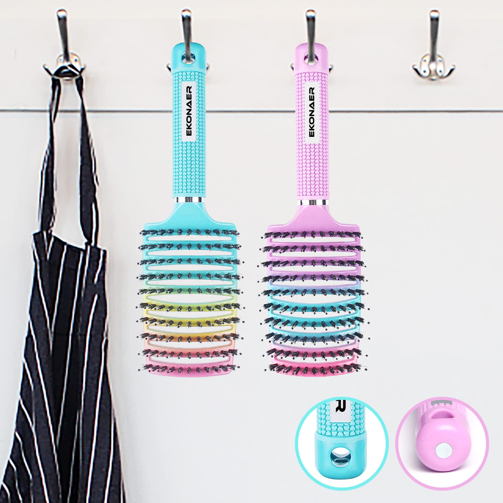 Paquete de 2 cepillos para desenredar nudos sin dolor, añade brillo y hace que el cabello sea suave, cepillo de cerdas de jabalí desenredante para adultos y niños, cabello húmedo o seco (verde y rosa)