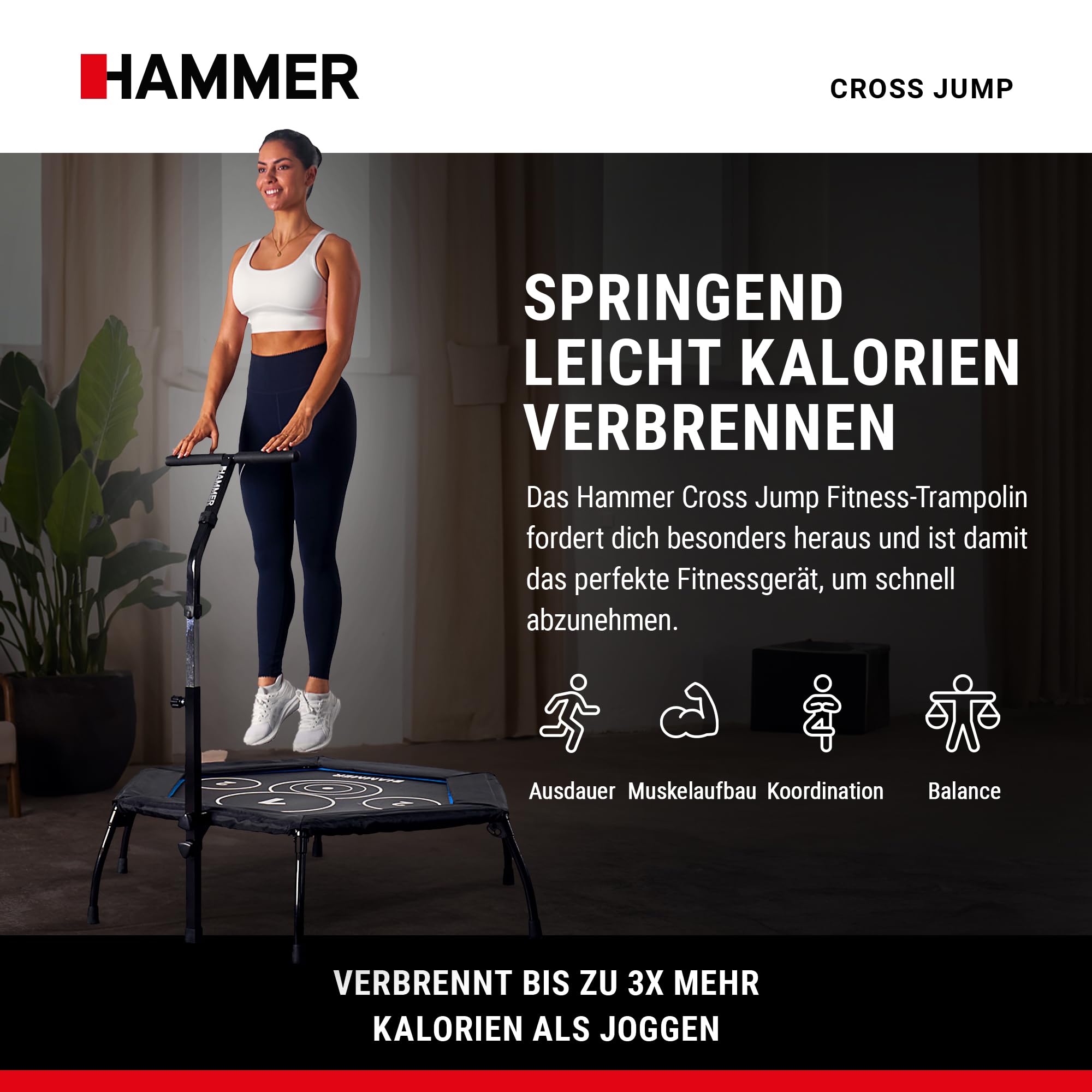HAMMER Fitness-Trampolin Cross Jump, 98 cm Sprungfläche, patentierte Technik, mehrfach höhenverstellbarer Haltegriff, leistungsstark bis 130 kg Benutzergewicht
