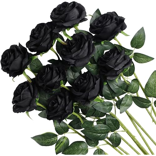 Veryhome Halloween Artificial Flowers Silk Black Roses Real Touch Bridal Wedding Bouquet for Home Garden Party Floral Decor 10 Pcs (Black)