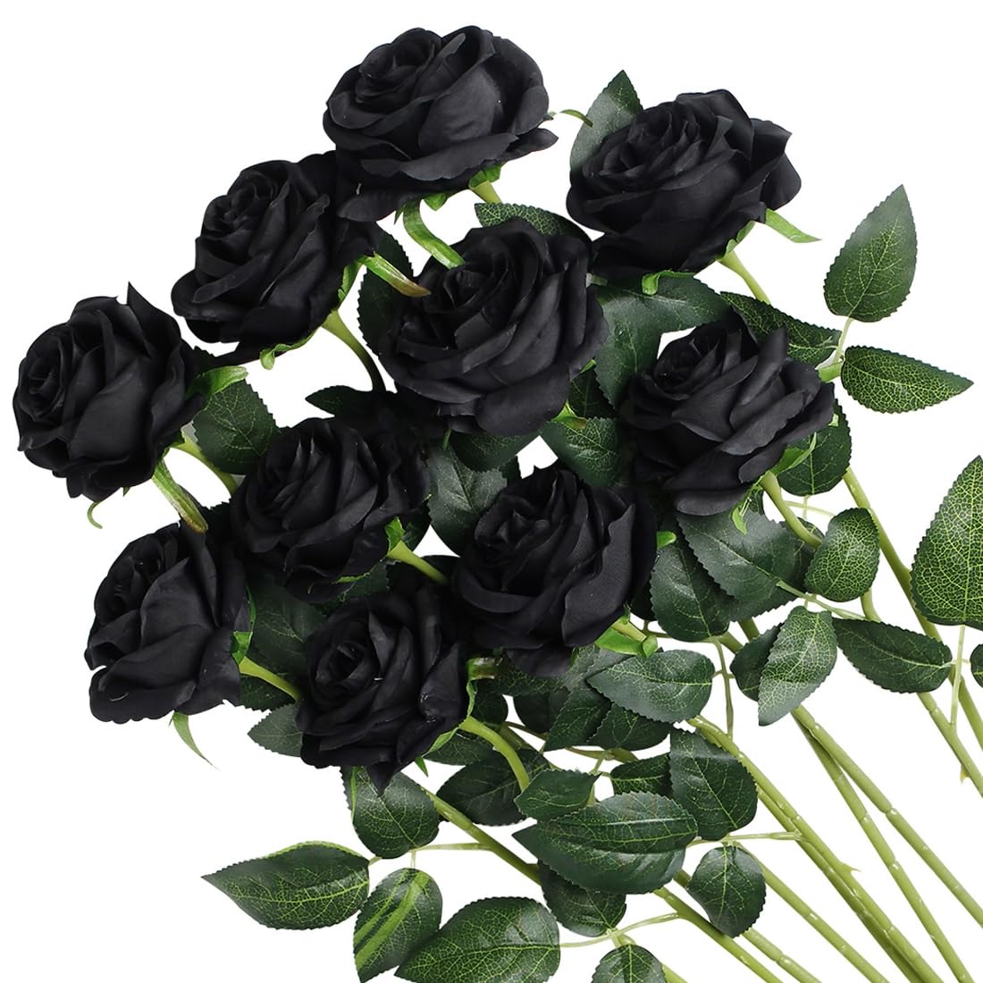 Veryhome Halloween Artificial Flowers Silk Black Roses Real Touch Bridal Wedding Bouquet for Home Garden Party Floral Decor 10 Pcs (Black)
