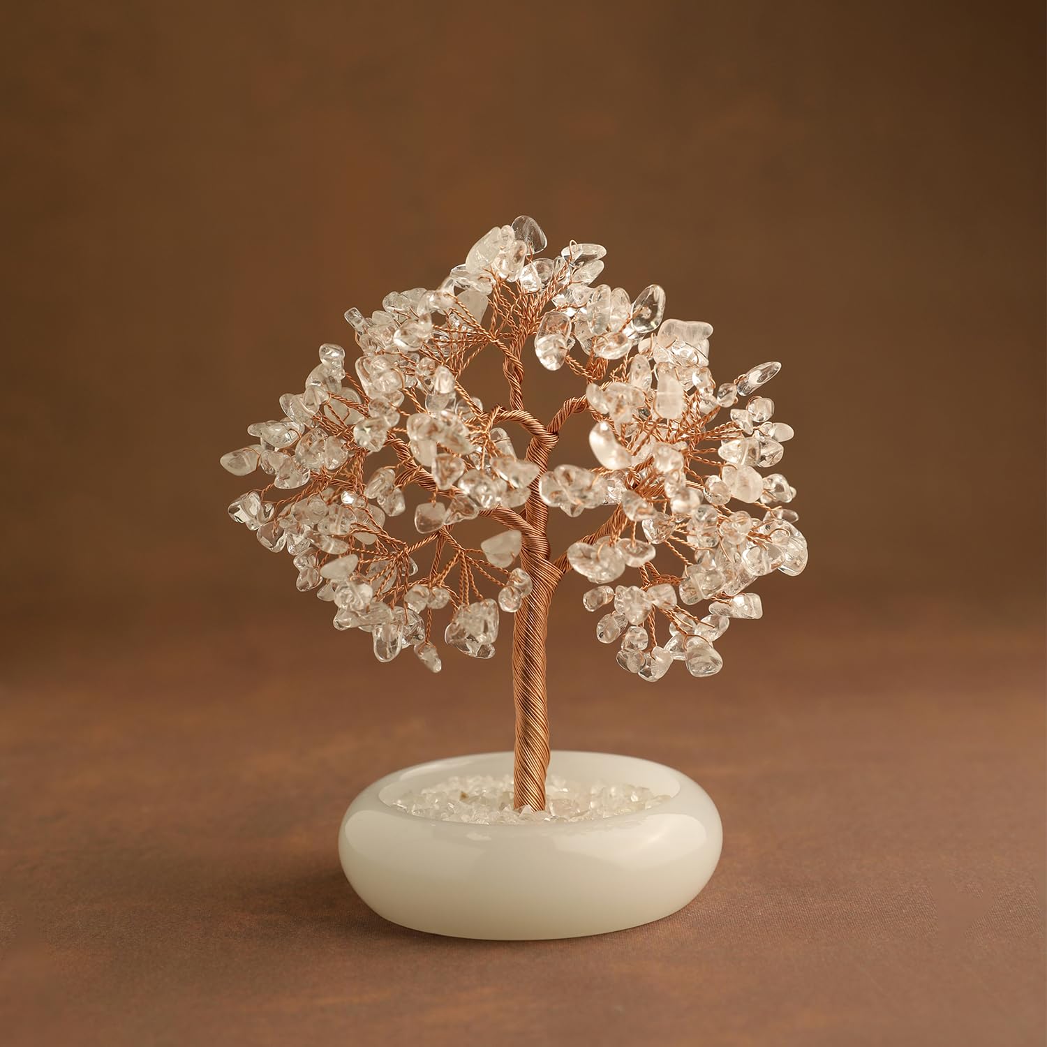 Magic & Miracles Árbol de la Vida Bonsái de Cuarzo Transparente Natural con 243 Piedras Cuenco de Jade Blanco Decoración Feng Shui para Salón Dormitorio y Oficina Regalo Espiritual, 14 cm