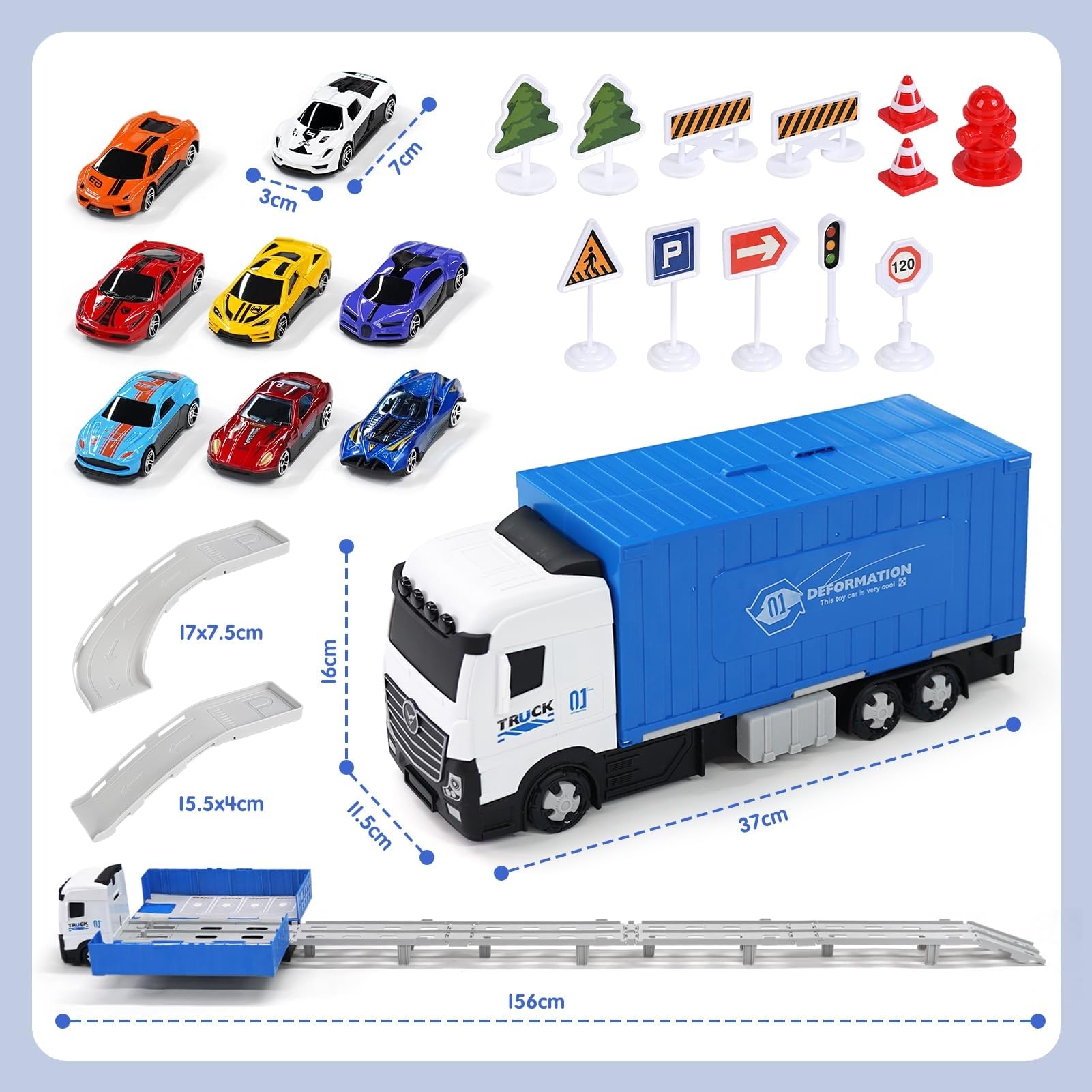 Transport Truck - Voiture Jouet pour garçons âgés de 3, 4, 5, 6 Ans - Portable - avec 8 Voitures de Course - Véhicule de Transport - Jouet pour Enfants (Bleu)