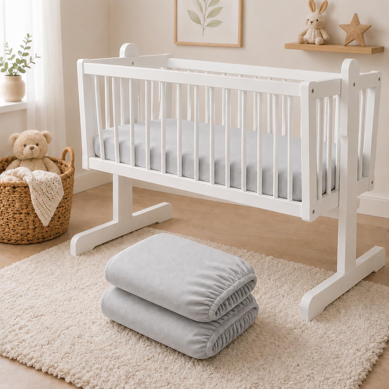 BABYMAM 2 Pack Jersey Fitted Sheets 90x40 cm for Baby Crib, Bassinet & Pram Carrycot,100% Cotton Stretch Baby Bed Sheets, Soft Breathable Elastic Fitted Mattress Covers (Light Gr)